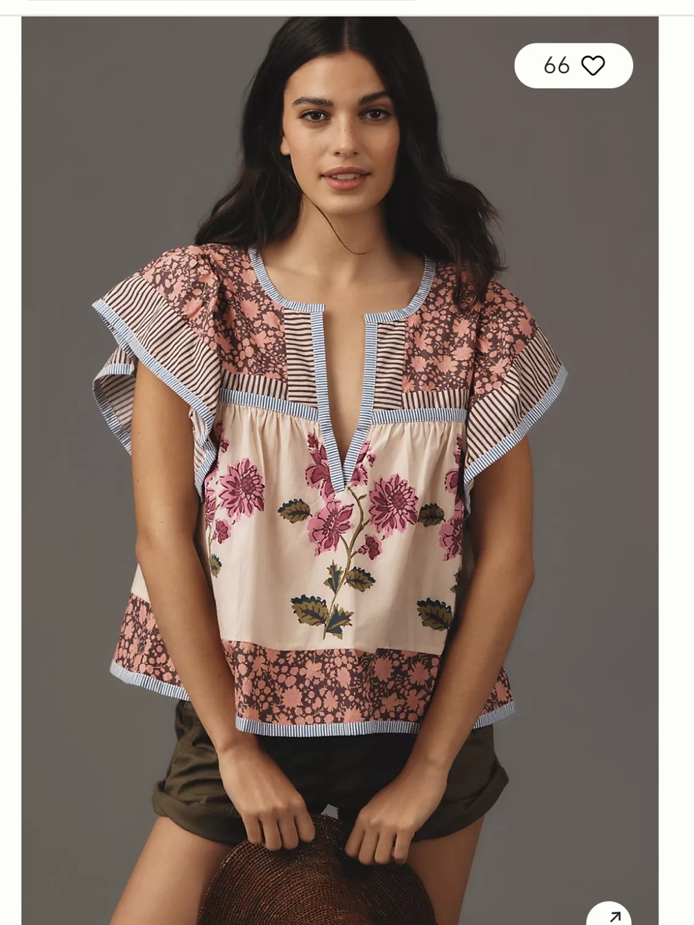 Anthropologie Pink Floral Patchwork Blouse with Brown Accents